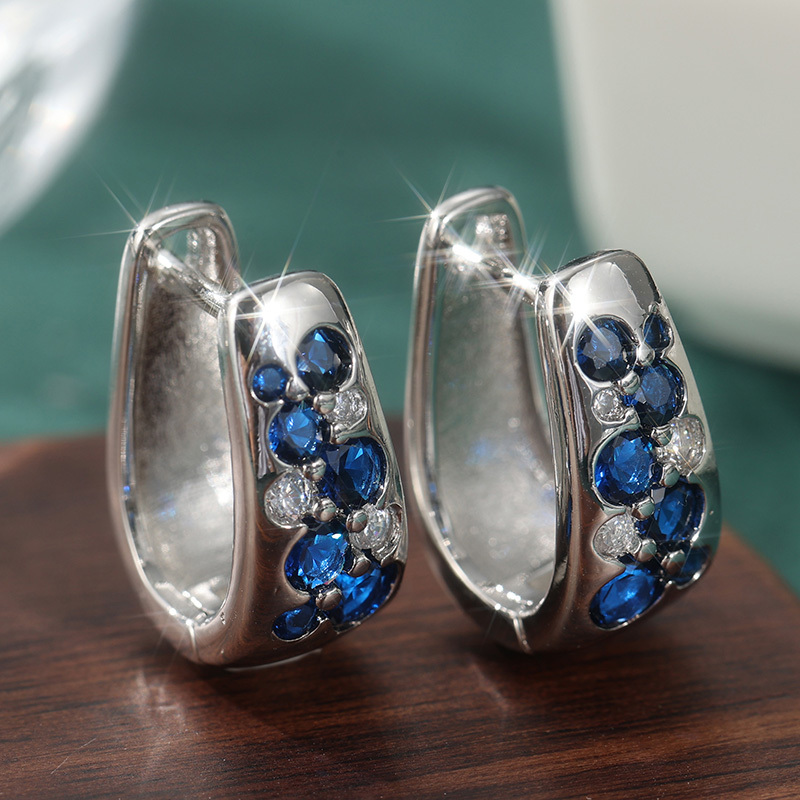 Women's U-Shaped Huggie Earrings with Blue & White CZ