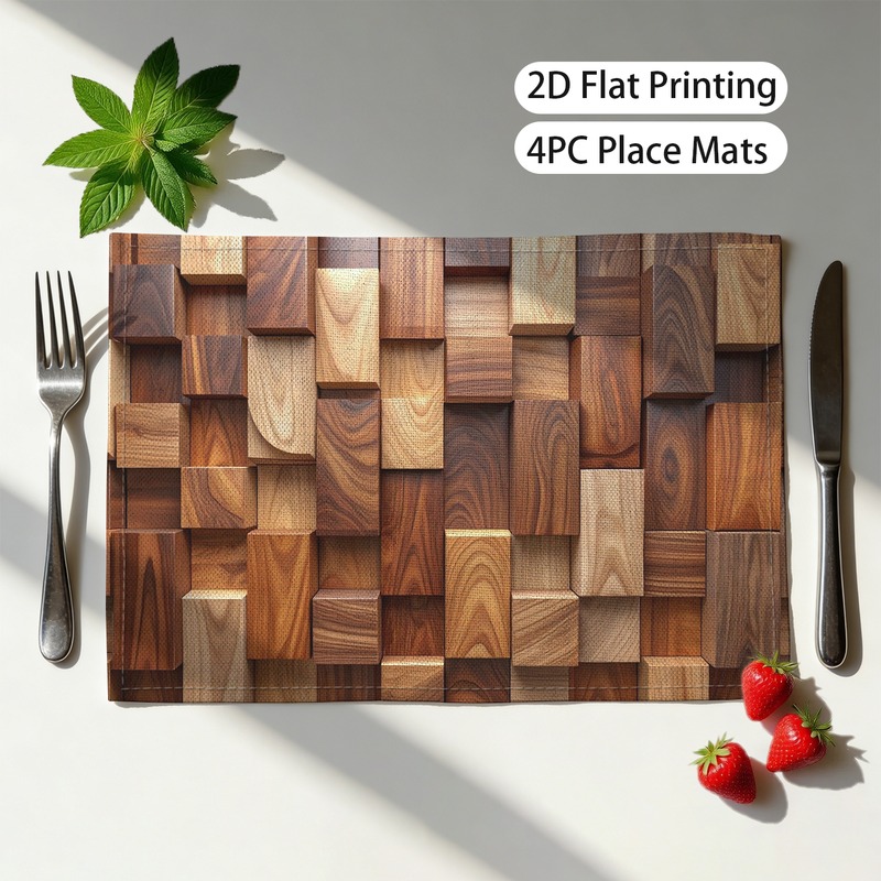 TEMU Set Of 4 Rustic 3d Placemats Featuring Geometric Abstract Designs, Measuring 12 X 18 Inches (30 X ). Modern, Print Placemats Are Washable And