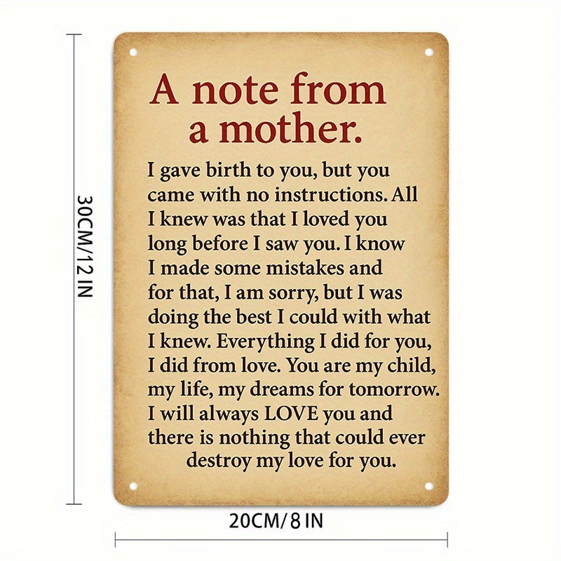 TEMU 2d Flat, 1pc Aluminum Metal Wall Art - Message Poem "a Note From A Mother" - Waterproof & Fade-resistant Hd Printed Frameless Modern Minimalist