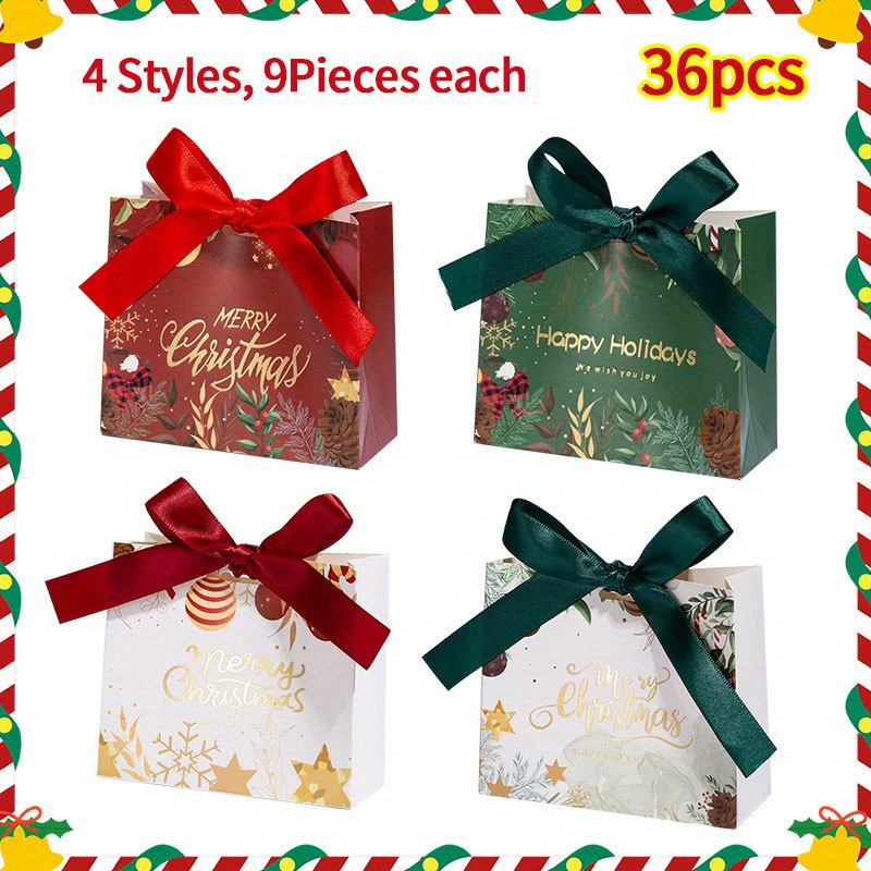 36pcs Creative New Christmas Theme Party Gift Box Packaging, 4.53x1.77 x3.94in Small Bowknot Favor Bags, Holiday Souvenir and Decoration Set