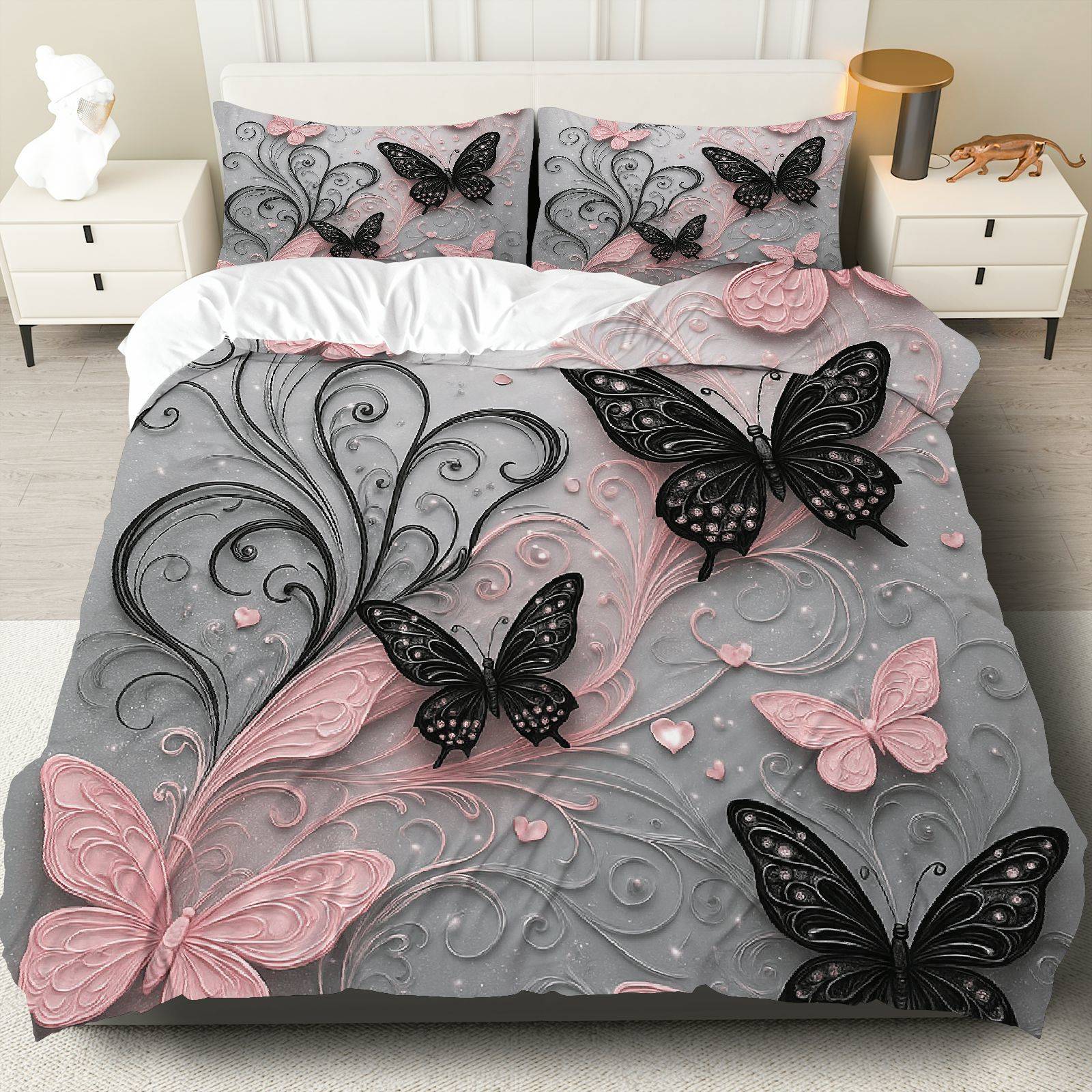 TEMU 3pcs Bedding Including 1 Duvet Cover And 2 Pillowcases (filler Not Included), Featuring A Pink And Gray Floral , Perfect For Weddings And A To