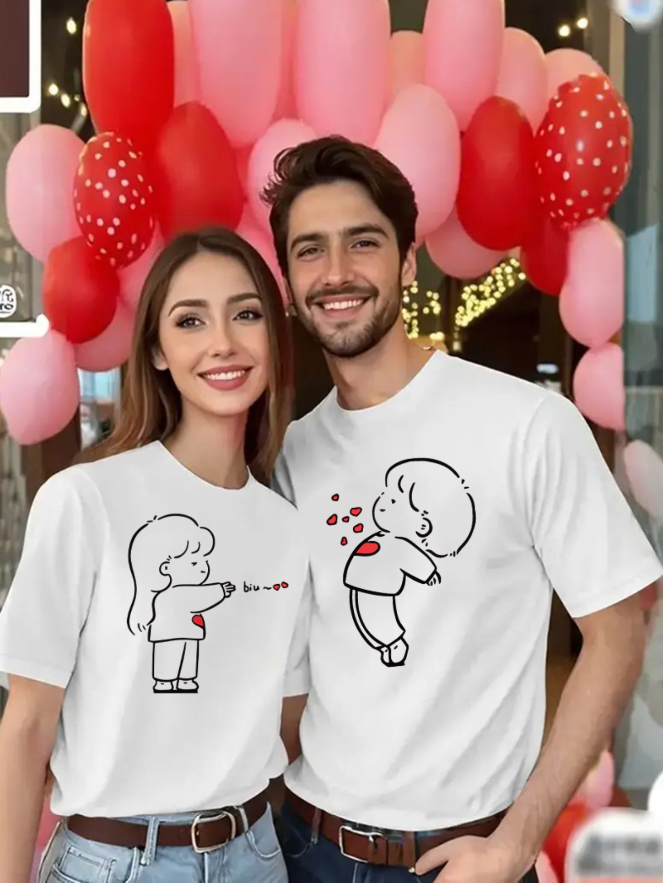 Pair of Matching Couple Valentine's Day Shirts Cute Cartoon Shooting  Heart Print, White Short Sleeve Round Neck Summer Tees, Machine Washable Ro