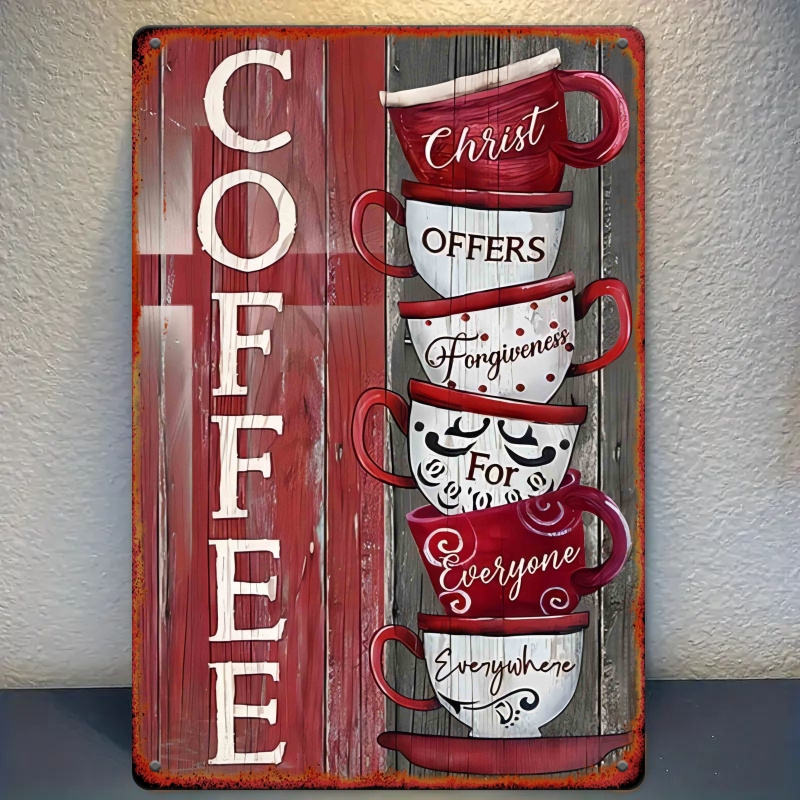 

Rustic 8x12" Metal Coffee Cup Stack Sign - "coffee Offers " Quote, Mugs Design On Vintage Wood Background - Iron Wall Decor For Home, Cafes, Bars, 2d, Room Decor