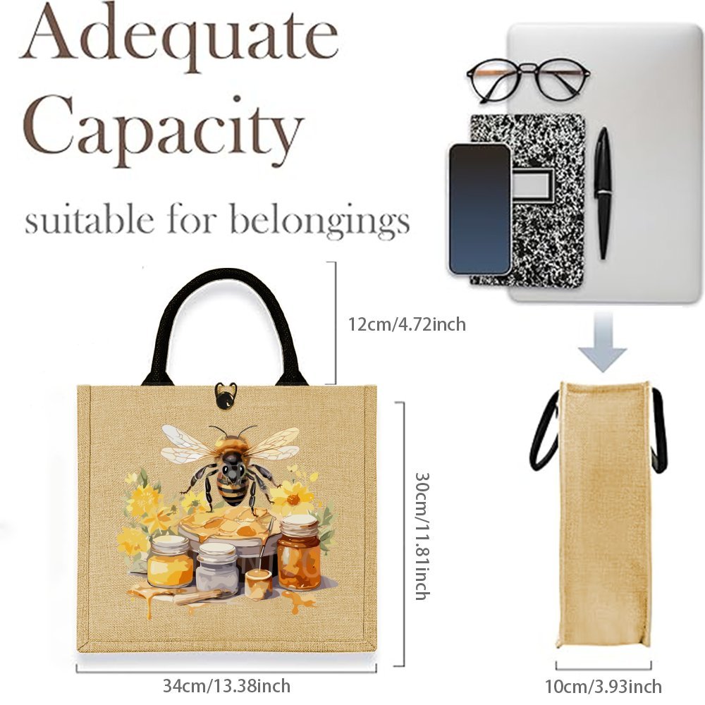 Image of Aesthetic Honey Bee Jute Bag, A Present For Bee Enthusiasts, . This Spacious Handbag Features A And Is Stylish Yet , Ideal For Outdoor , Parties, Travel, And Shopping.