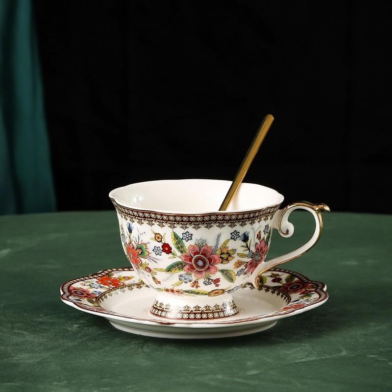   vintage floral bone china tea cup and saucer set for 1 - elegant 6.8oz tea service with  , pink/red/blue/green/white/black/golden floral patterns, durable & lightweight, gift box included - ideal for  , weddings, housewarming -   set with embossed flowers design, high-temperature   for long- ,   coffee or tea,   matching saucer and spoon, teacup, cups for tea Product details 6