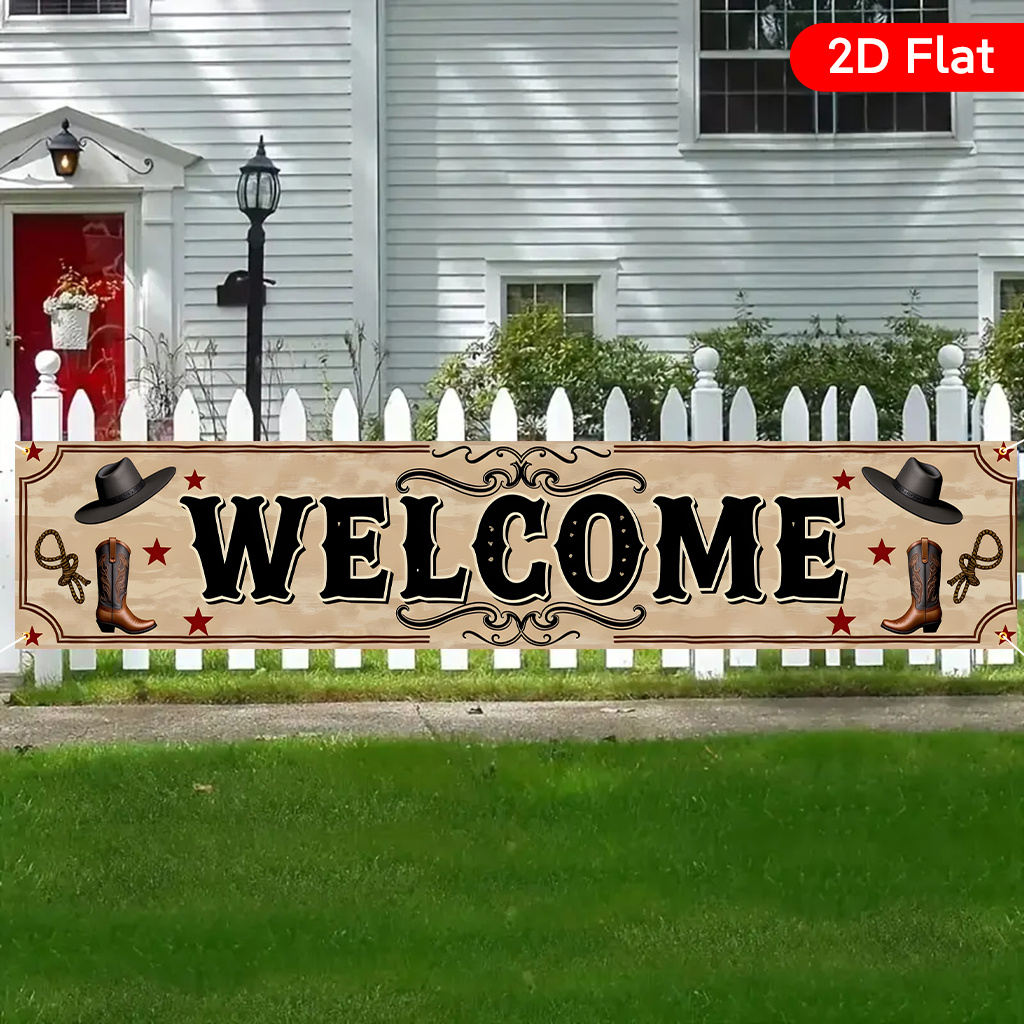 TEMU 2d Flat - 2d Flat - A 2d Flat Welcome Sign Featuring Cowboy Boots And A Hat, Made Of Polyester Fiber For Party Banners, Suitable For Various