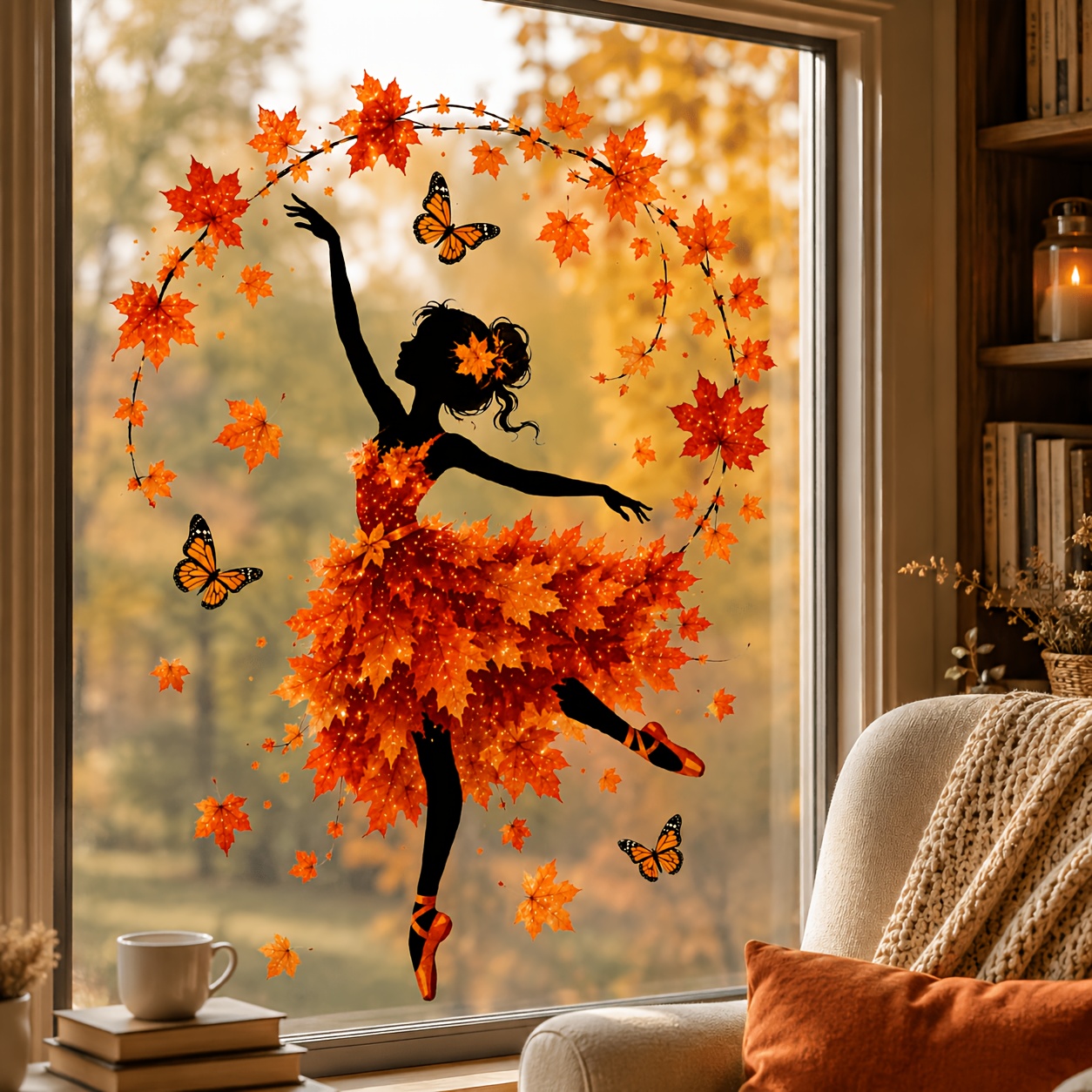 TEMU 1pc Thanksgiving Autumn Leaf Dancer Silhouette Window Sticker, Beautiful Maple Leaf Spirit Glass Sticker Decoration, Autumn Atmosphere Window