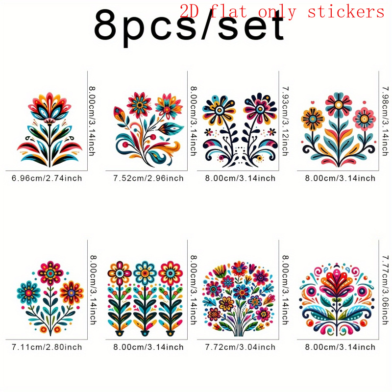 TEMU 8pcs Set Of 2d Flat Stickers Featuring Vibrant Carnival Flowers, Made Of-on Vinyl Material For Heat Transfer Printing. Stickers And Patches Are