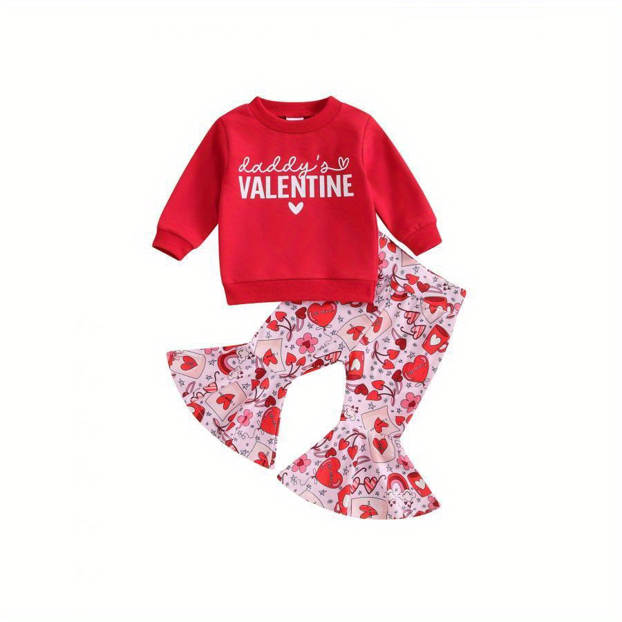 

Baby Girl Valentines Day Outfits Long Sleeve Sweatshirt + Cartoon Flare Pants Set Toddler Clothes