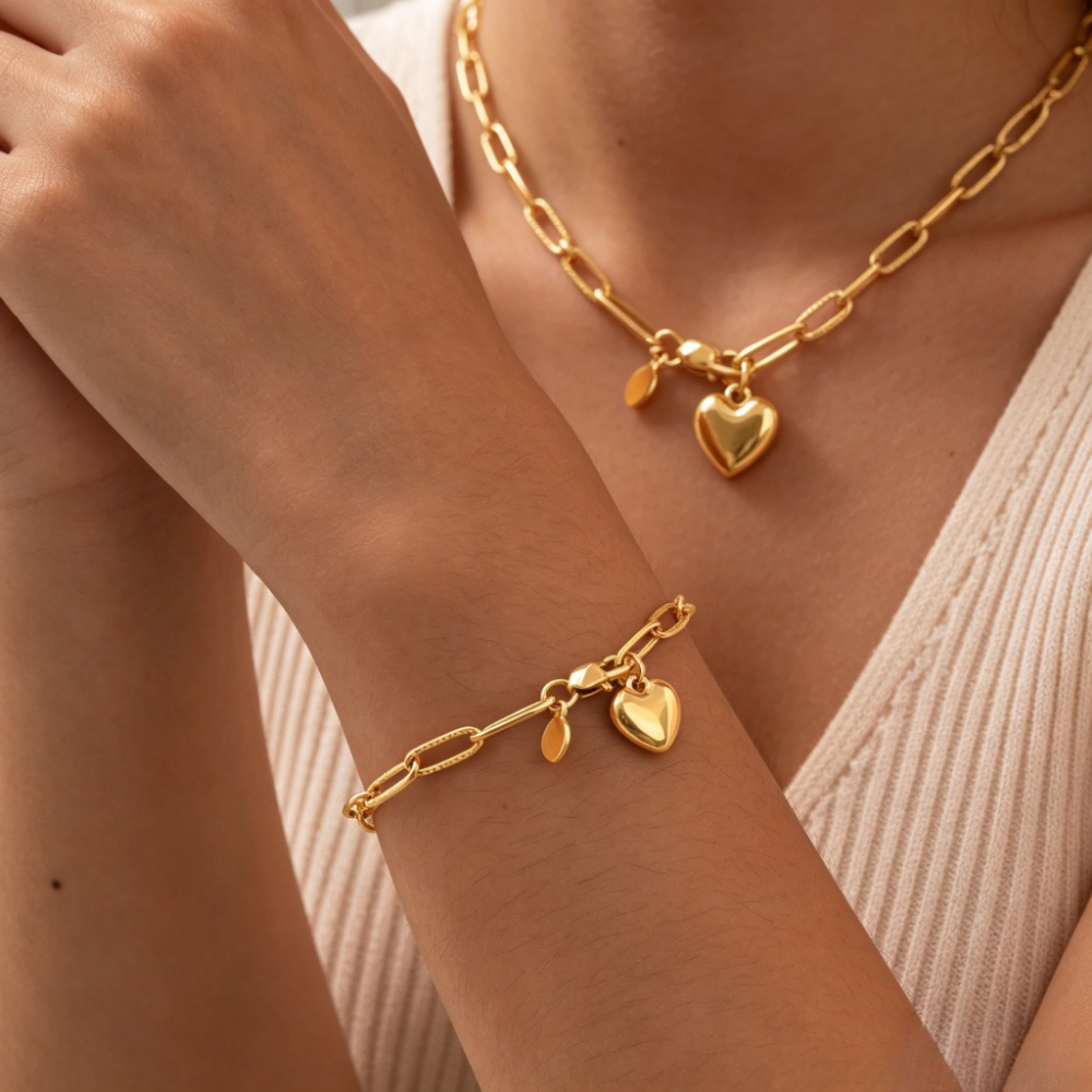 TEMU Women's Fashion Stainless Pendant Necklace And Bracelet, 18k Golden Plated Waterproof Accessory, Easy Trendy Clavicle Chain, Street Hip-hop