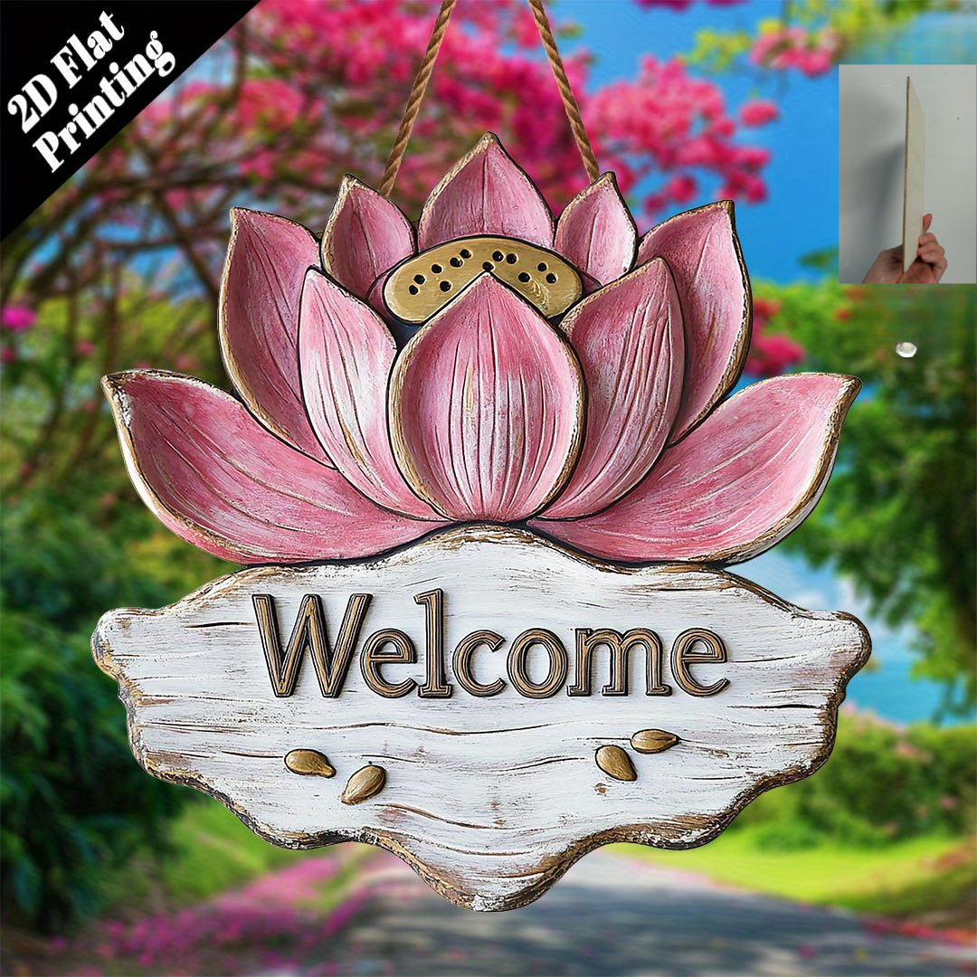 TEMU 2d Flat, 2d Flat Surface, 2d Flat , 1pc For Lotus Pattern Wooden Welcome Sign - Wall Hanging Decoration, Suitable For Living Room, Yoga Room,