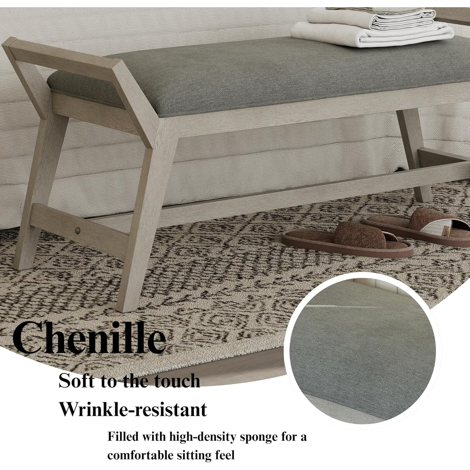 1pc 51Inch End of Bed Bench | Solid Wood Frame, Fabric Upholstered Ottoman Bench for Entryway, Bedroom, Hallway, Living Room, Modern Style