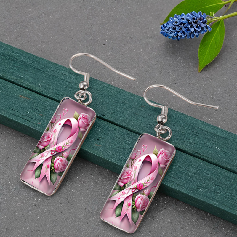 Women's Pink Ribbon Rose Rectangular Dangle Earrings