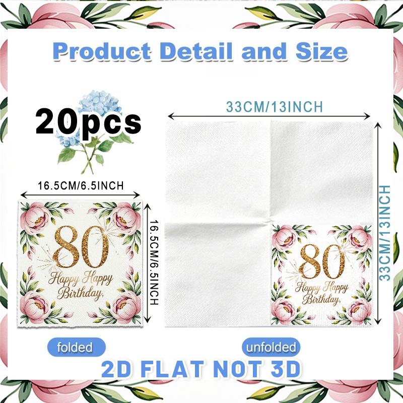 TEMU 2d Flat 20pcs, Elegant Golden 80th Birthday Floral Napkins Patterned Tissue Paper Guest Hand Towels Decorative Paper, Spring Summer Picnic,
