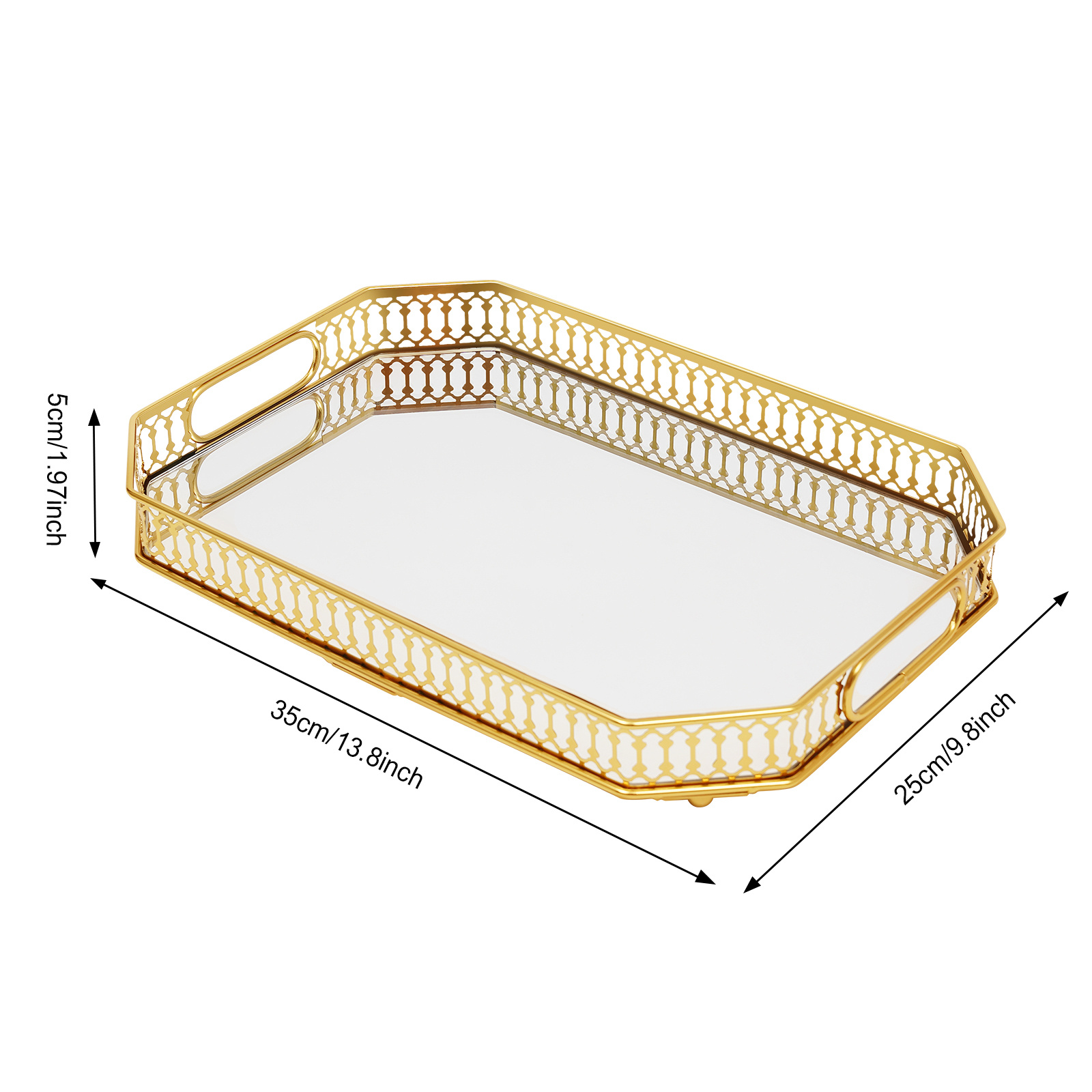 Image of Insyoforeverec, 1pc Iron And Glass Material Decorative Tray, Rectangular Desktop Tray, Serving Tray Vanity Tray, 35*25*5cm/13. 8*9. 8*1. 97inch(golden) (non- Contact) (non- Contact)