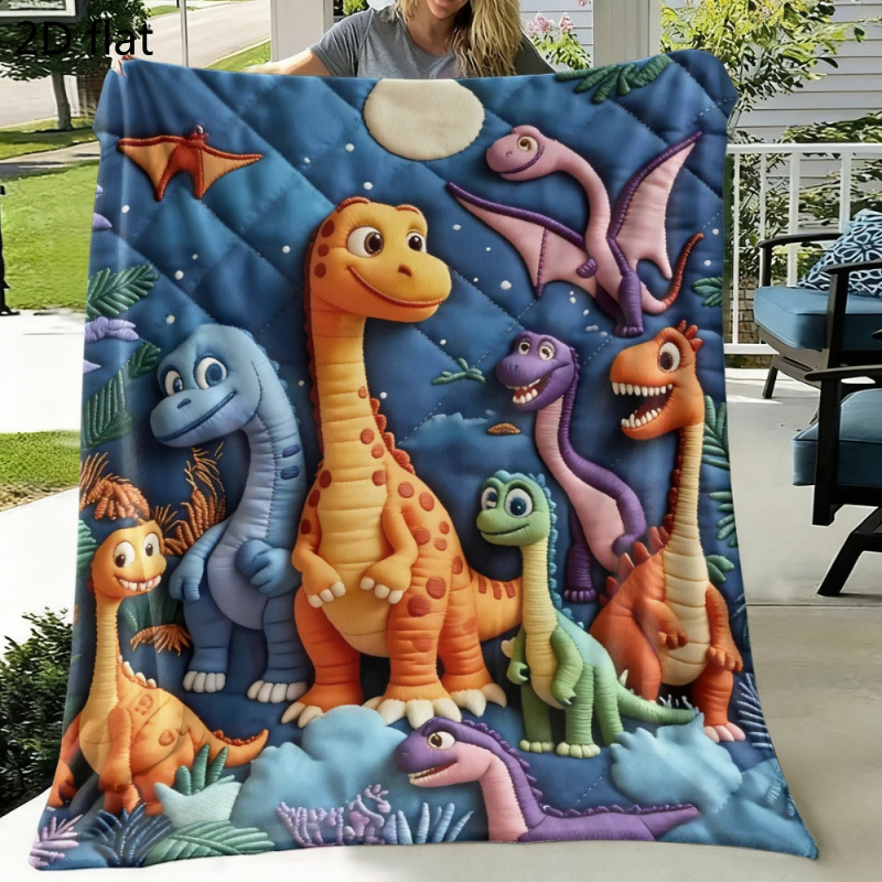 TEMU 1pc Colorful Dinosaur Cartoon Themed Flannel Blanket | Dark Background With Dinosaur , Material, Suitable For , 2d Flat