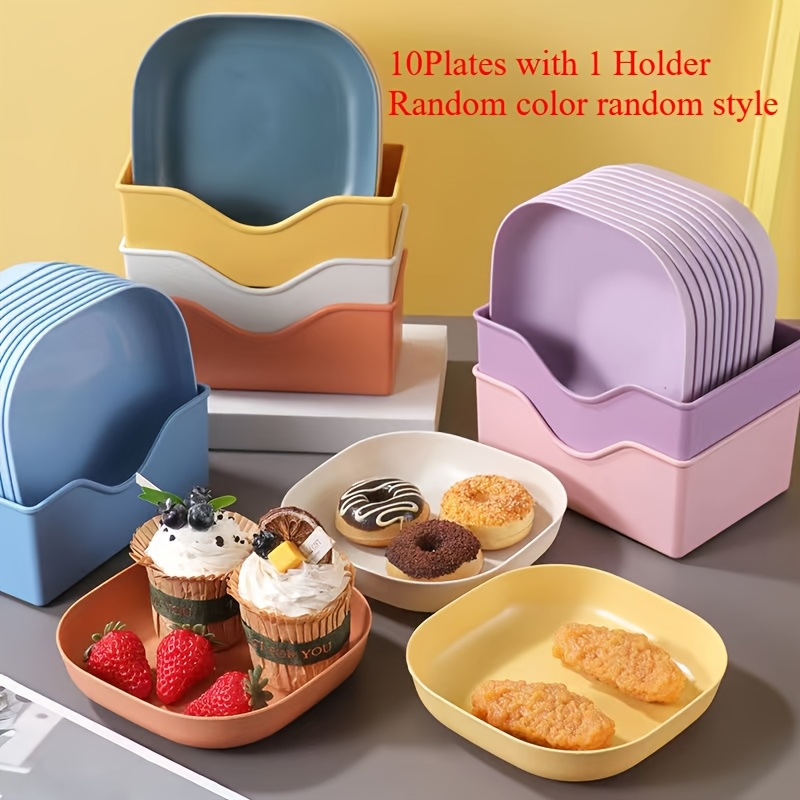 TEMU Dinner Plates With 1 Holder- Portable Food Plate Set Ideal For Snacks& Breakfast- Durable Plastic- Essential Kitchen Tool, Random Color