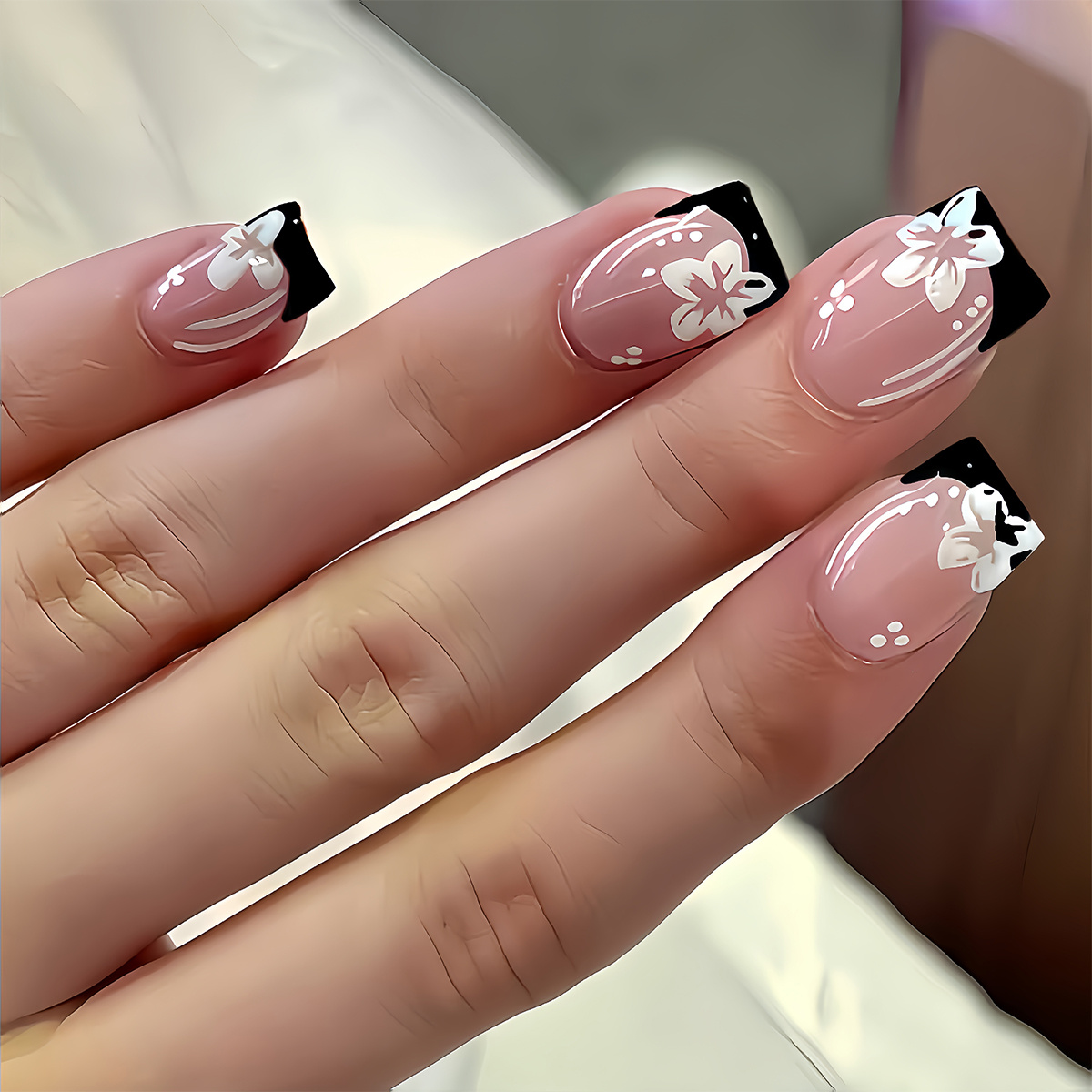 TEMU Show Your Beauty 24pcs Square Classic Elegant Pink Glossy Floral Stripes Polka Dots Press-on Nails, Fashionable And Versatile For Spring/summer,