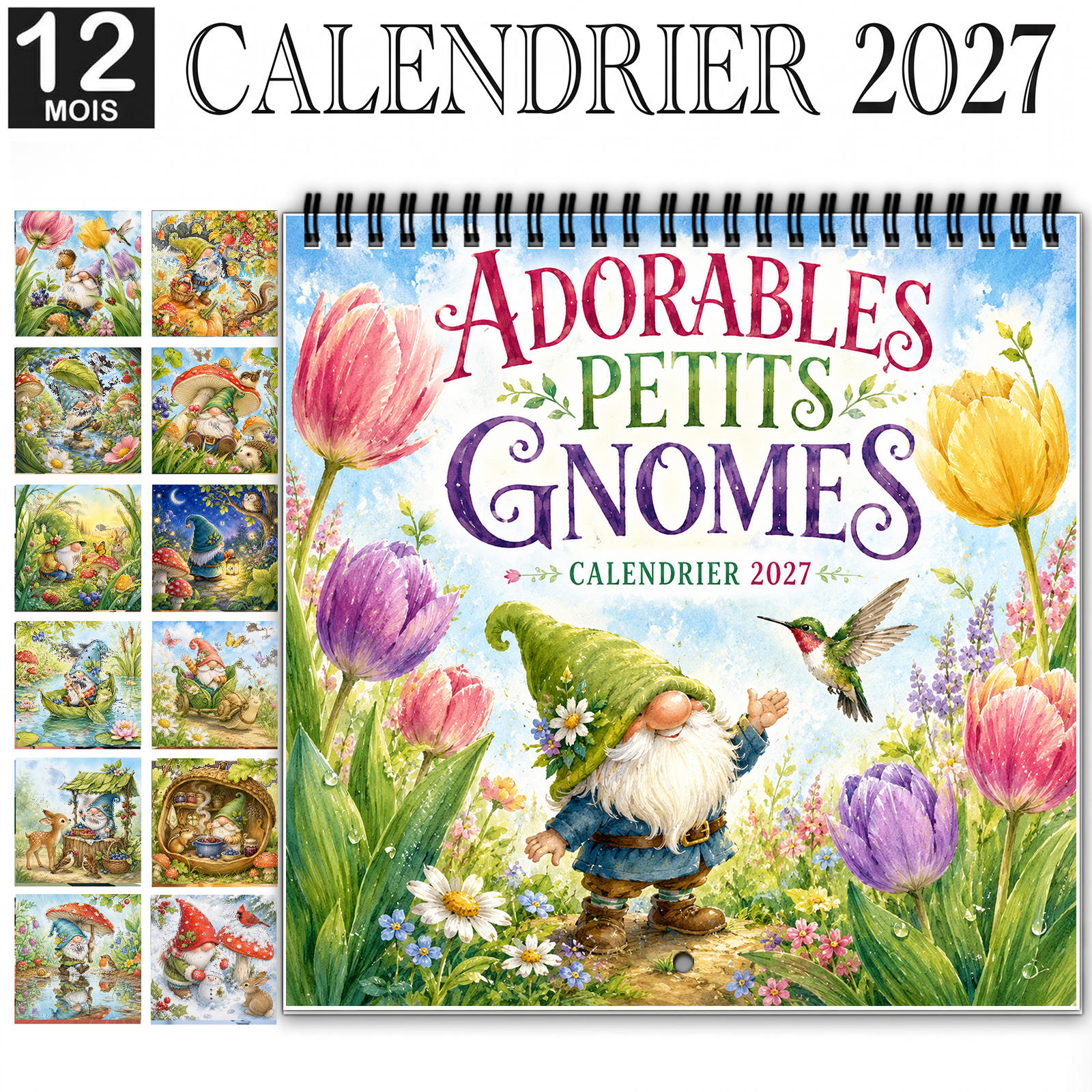 TEMU Calendrier mural " Gnomes " 2027, calendrier 12 mois relié avec de grands de date inscriptibles, met en des gnomes charmants et des fleurs dans