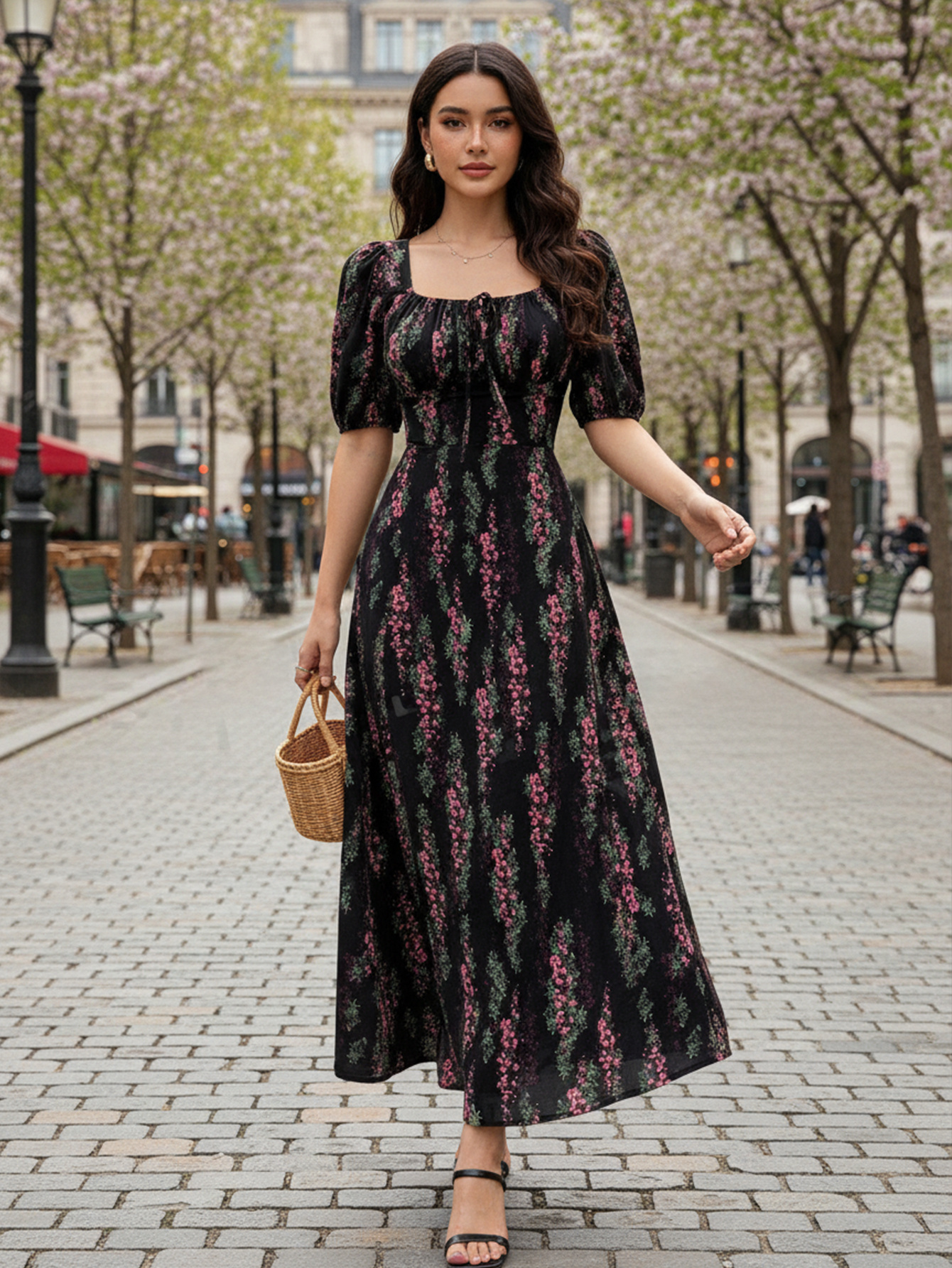 open lace back dress Black Floral Asymmetrical Dress