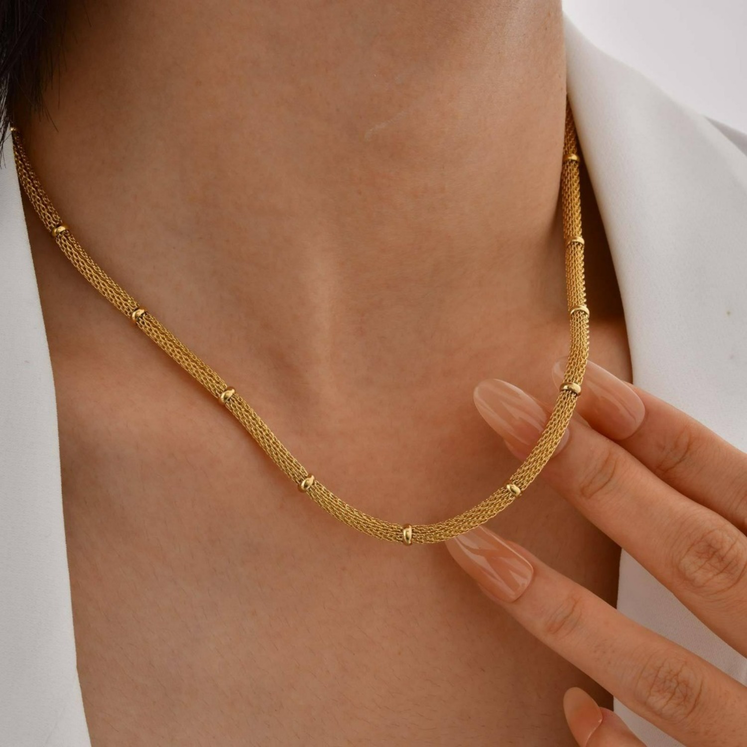 Women's Golden Stainless Steel Mesh Necklace & Bracelet Set