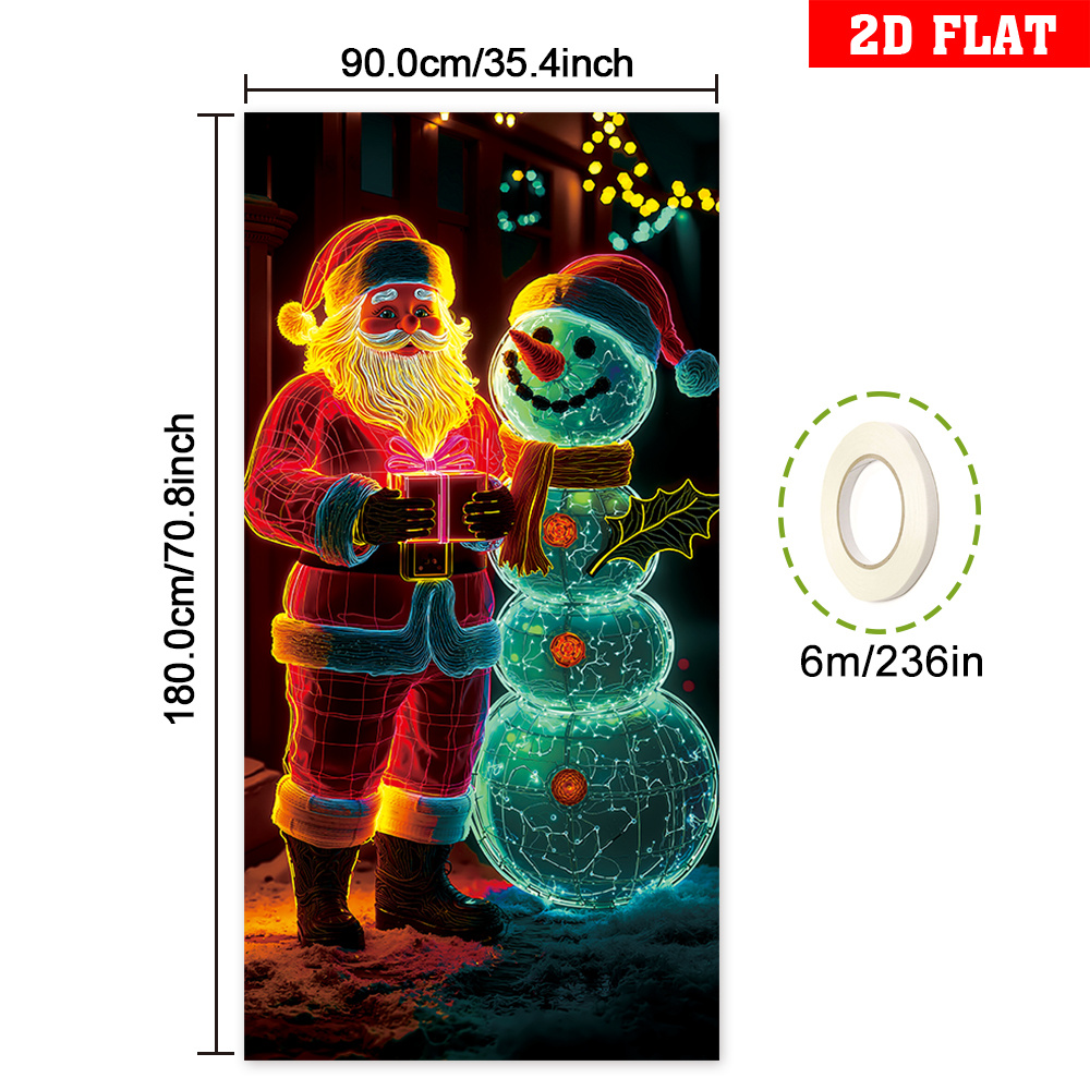 TEMU 2d Flat, 2d Flat Banner, 1pc Christmas Themed Door Cover Banner, Snowman And Santa Claus ,, Uv Activated, Glow In The Dark, Suitable For Winter