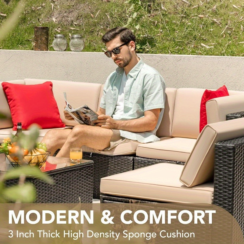 Patio Furniture Sets 6pcs Outdoor Sectional Rattan Sofa Manual Weaving Wicker Patio Conversation Set with Glass Table and Cushion Beige