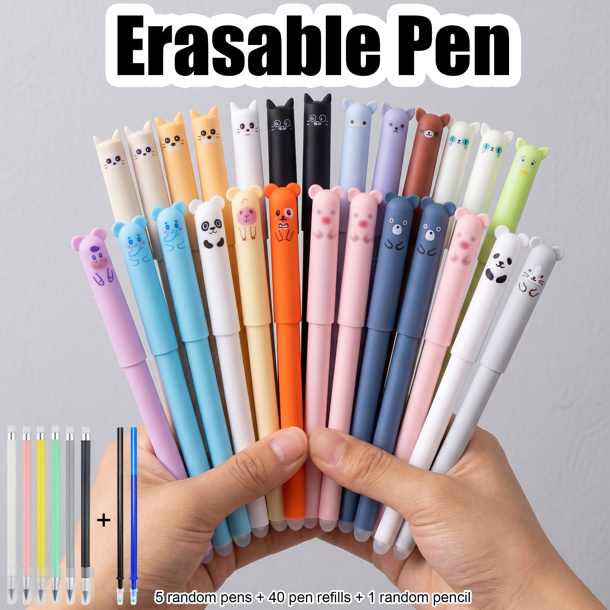 TEMU 46 pièces - Lot de stylos gel effaçables avec de jolis imprimés d'animaux, 5 stylos + 40 recharges + 1 crayon, pointes de 0,5 mm, gommes