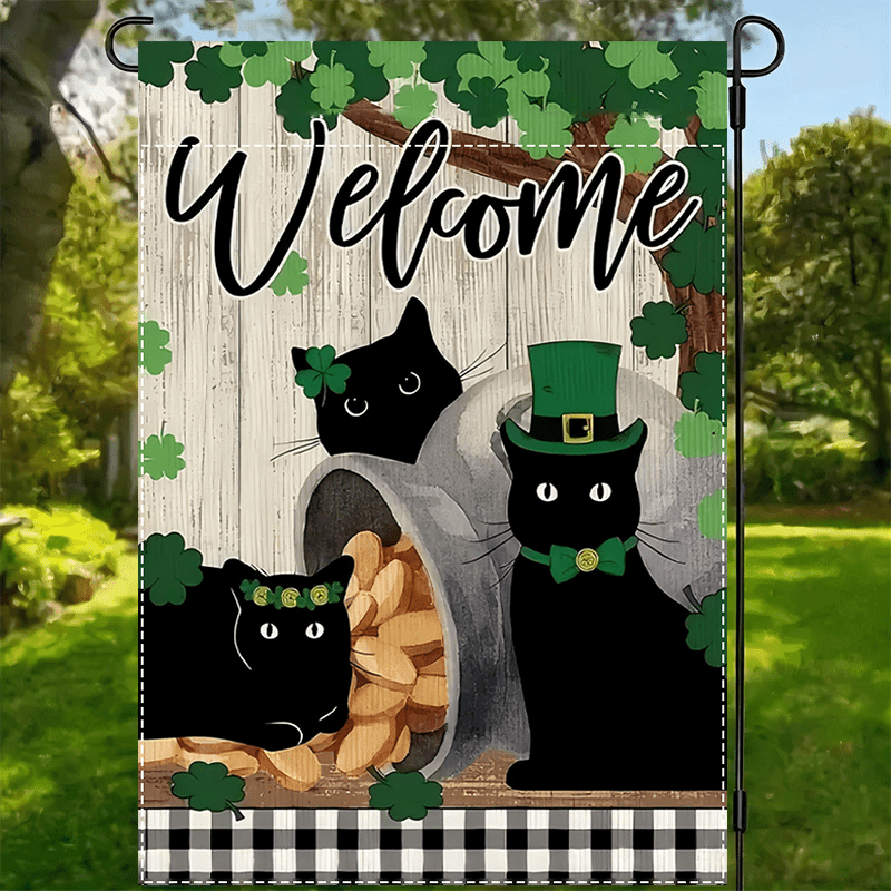 

1pc 's Day Black Cat Garden Flag, Polyester, Double-sided, Waterproof, 12x18inch, Clover & Buffalo Check Design, Farmhouse Style, Multipurpose Outdoor Decor, No Electricity Needed