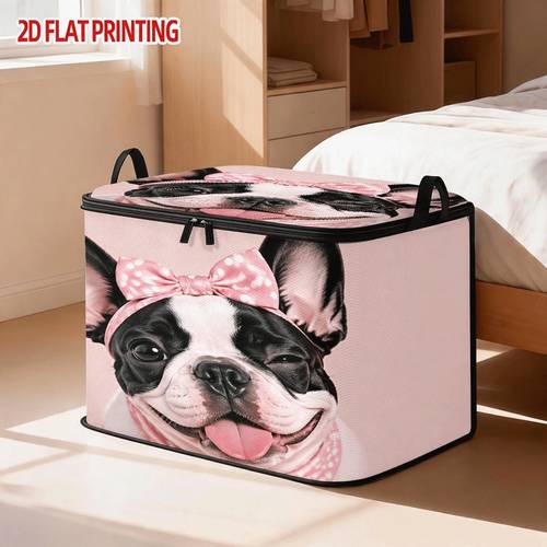 item picture pink french bulldog zipper laundry basket 1pc durable storage box suitable for clothing and gift organization portable handle 2d flat design shelf basket under bed storage