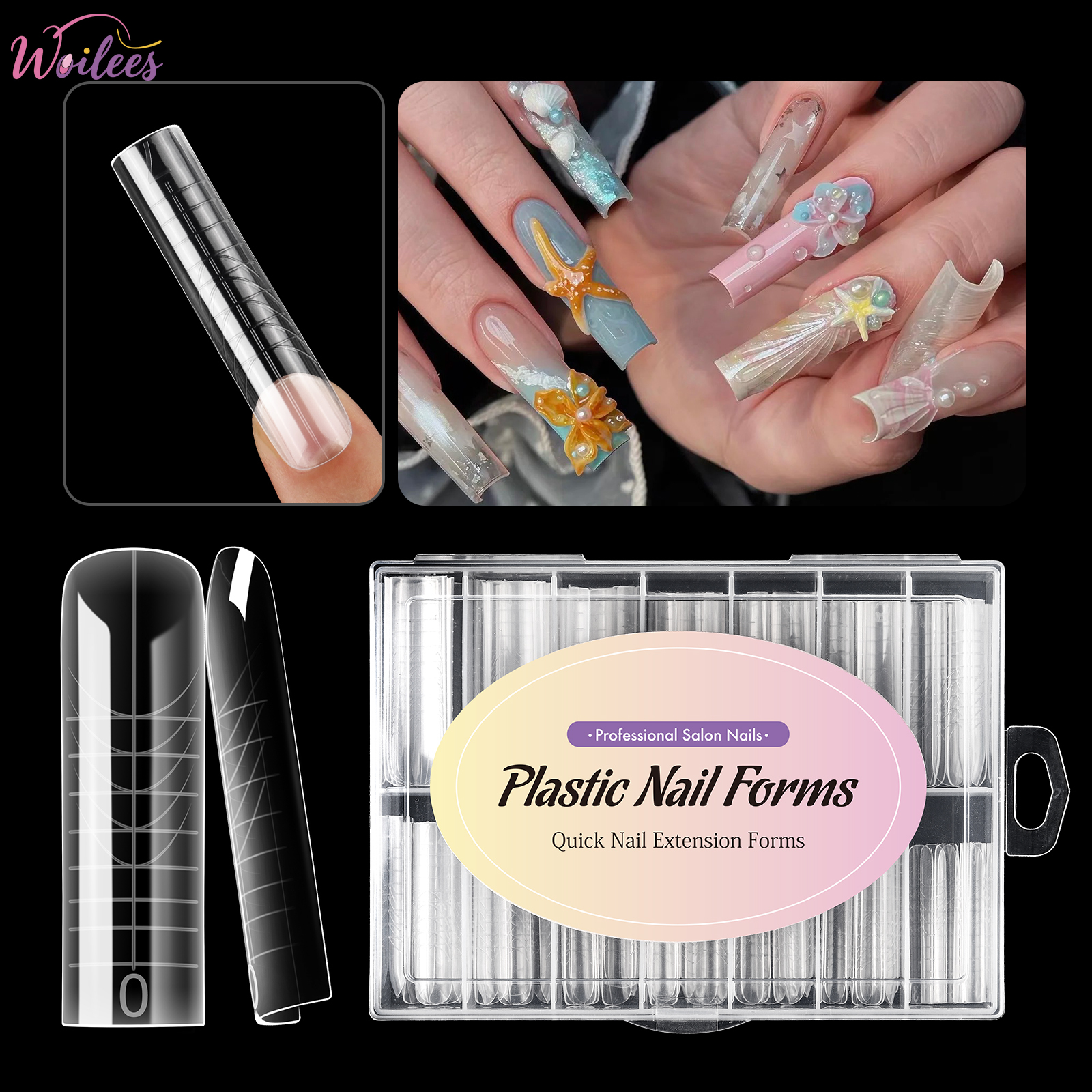 Image of Woiless 140pcs Long Square Nail Forms - 14 Sizes Extended Length Molds, No Glue No Tools, Reusable Pp Plastic Kit For Beginners Diy, Manicure Gifts For Women