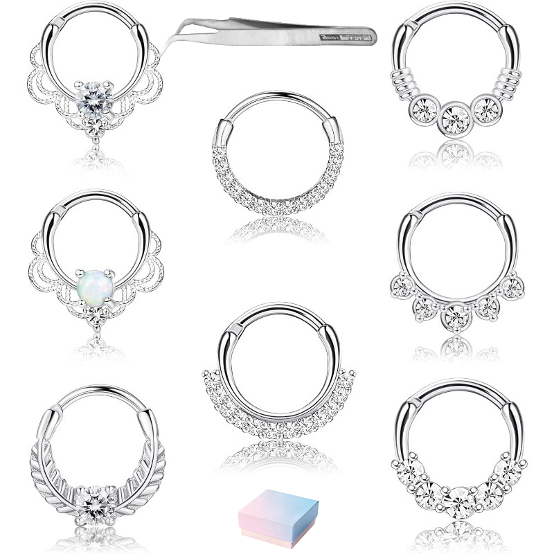 Image of 8pcs 16g Septum Clicker Ring Stainless Steel Cz Cartilage Helix Tragus Hoop Daith Earrings Nose Rings Hoop Hinged Clicker Ring Piercing Jewelry