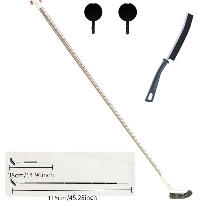 TEMU 4pcs = 1 brosse de toilette télescopique et 1 brosse à joint et 2 crochets, brosse de nettoyage de joints de carrelage de salle de bain à