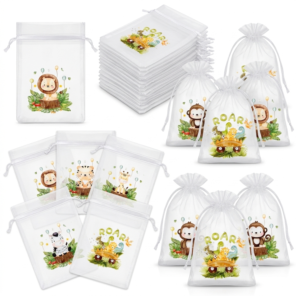 TEMU 30 pz Sacchetti a rete traslucida in organza velata con coulisse, stampa animali dei animati, colori casuali, bustine regalo per confezionamento