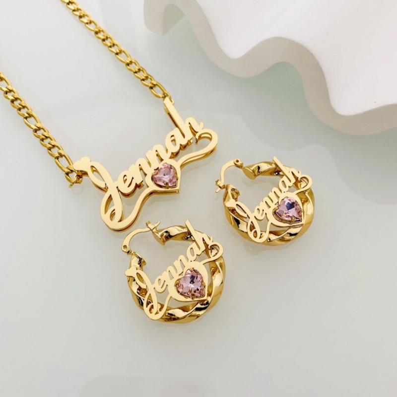 TEMU Customized Personalized Name Earrings And Necklace Set - Featuring Personalized Letters And -shaped Birthstone Pendants, With 17 Font Options
