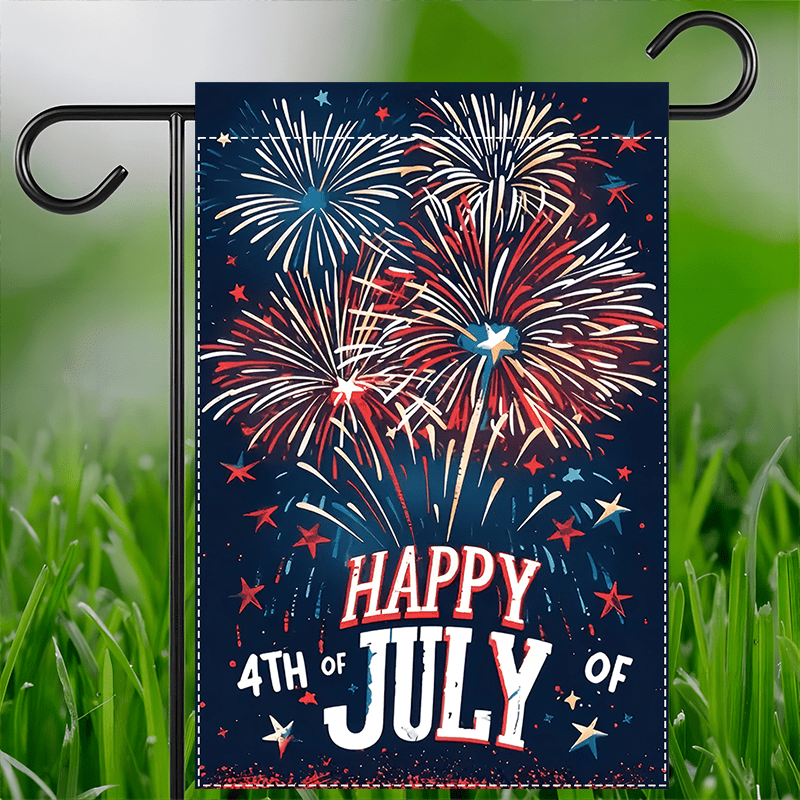 

1pc Vibrant 4th Patriotic Garden Flag - Double-sided, Polyester, Waterproof Burlap With Fireworks & , "happy 4th Of " Text, & Outdoor Decor, 12x18inch