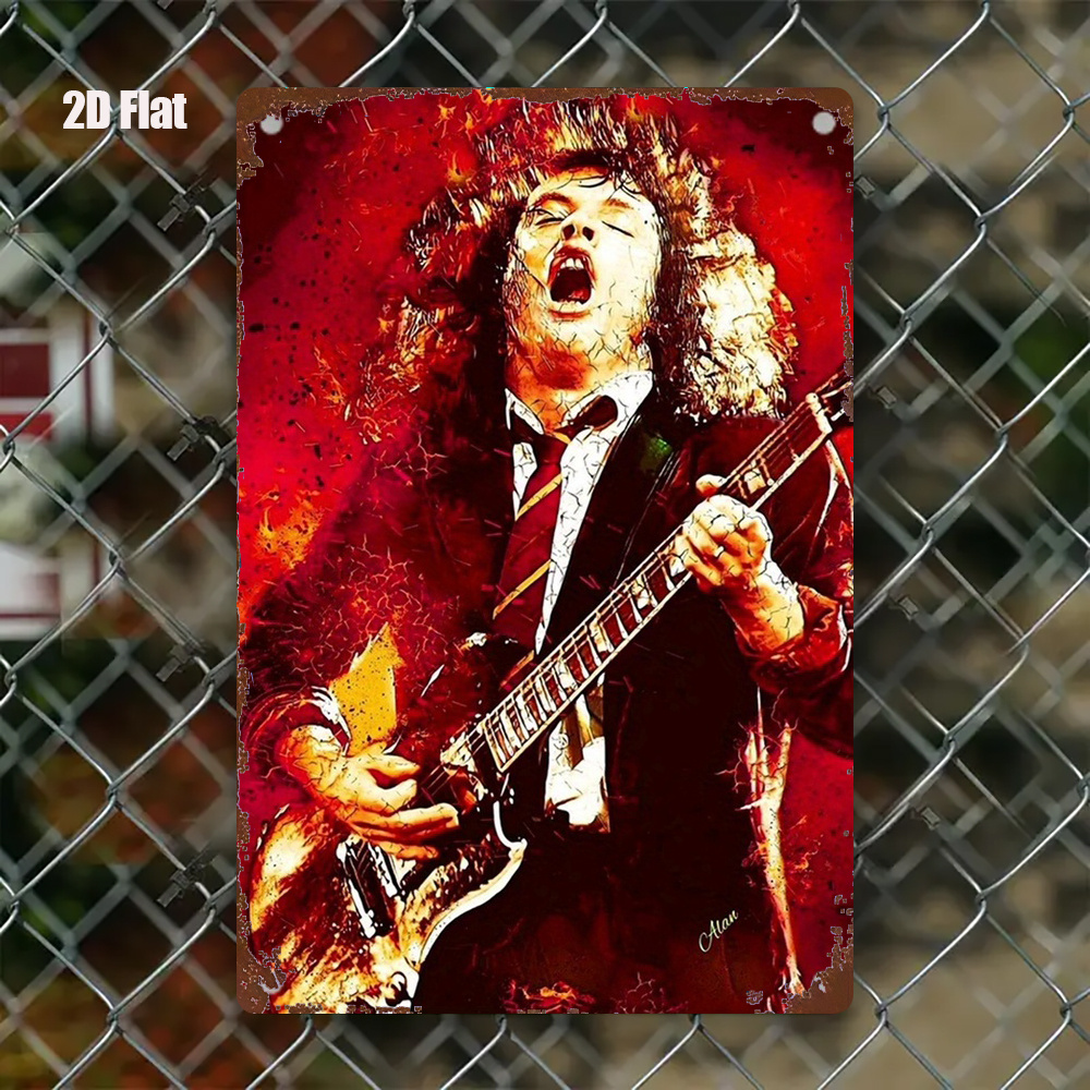 TEMU 2D Plat - 1pc, 2D Plat, 1pc Panneau Métallique Guitariste avec Fond de Flamme, Affiche Métallique, Art Mural pour Maison, Cuisine, Bar, Jardin &