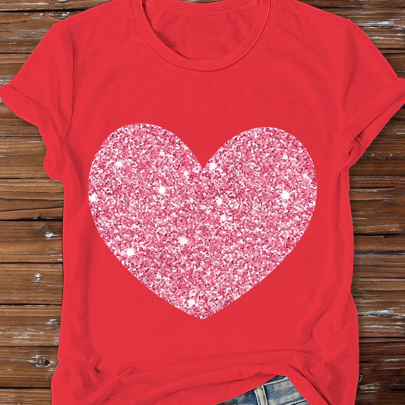 

Women's Valentine's Day Sparkle: Pink Glitter Heart Pattern T-shirt - Casual Round Neck, Short Sleeve, Polyester , , Valentines Day Gifts