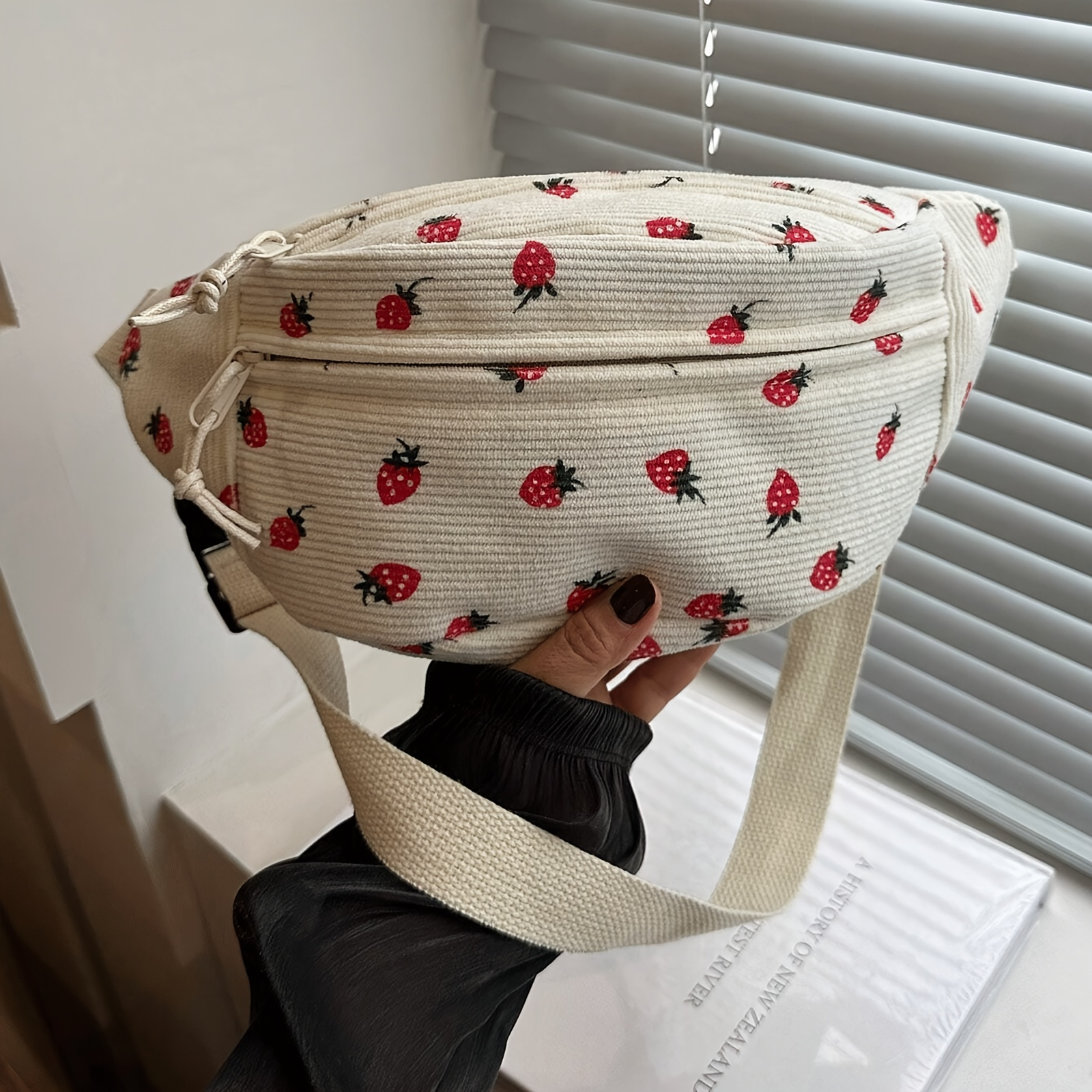 TEMU Fashionable Strawberry Patterned Corduroy Crossbody Bag - A Versatile Waist And Chest Bag For Women, Featuring Adjustable Shoulder Straps And A