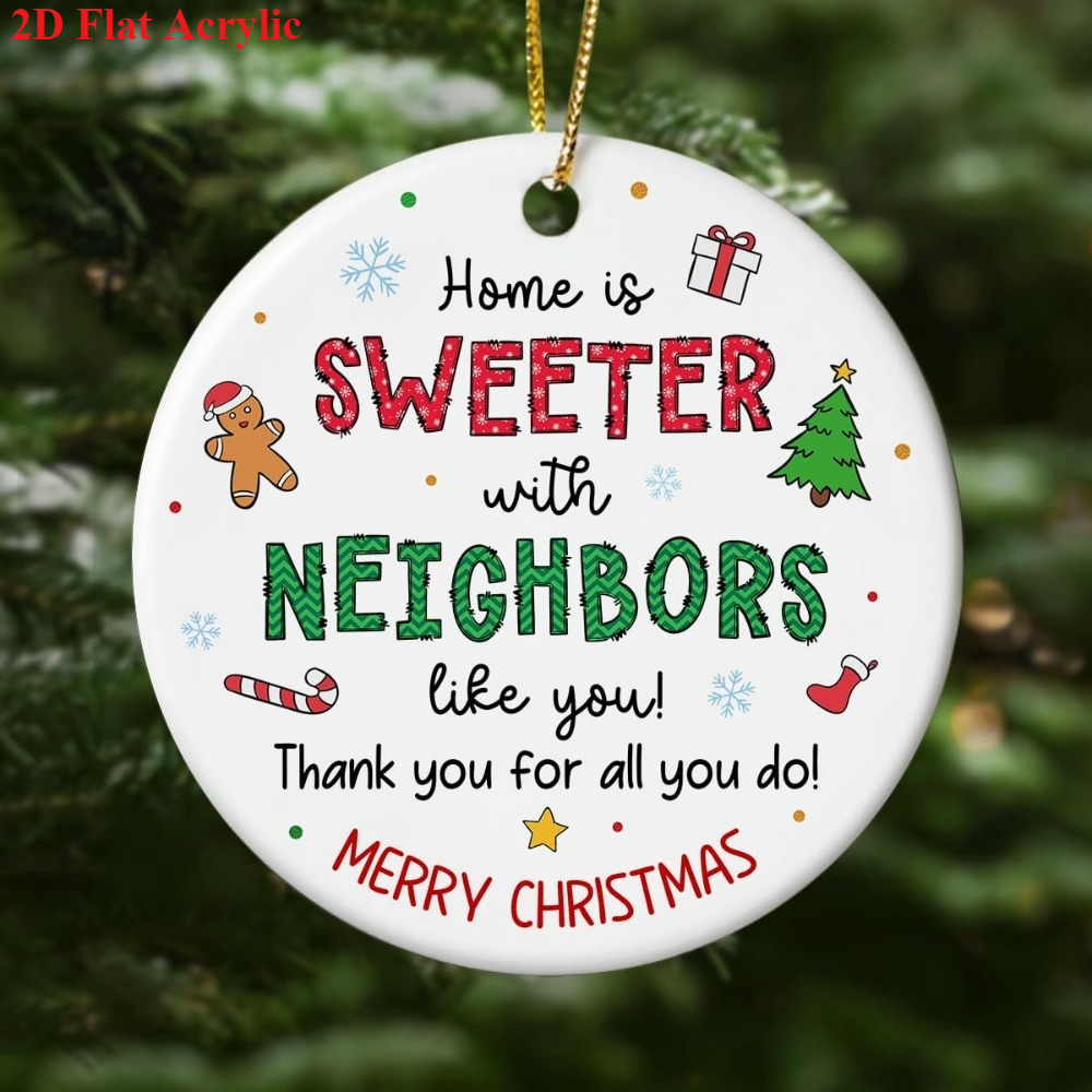 2d flat round acrylic christmas neighbor ornament   with neighbors gingerbread and house number   white and   decor with golden hanging loop suitable for door   gift 2d flat christmas decoration 2d