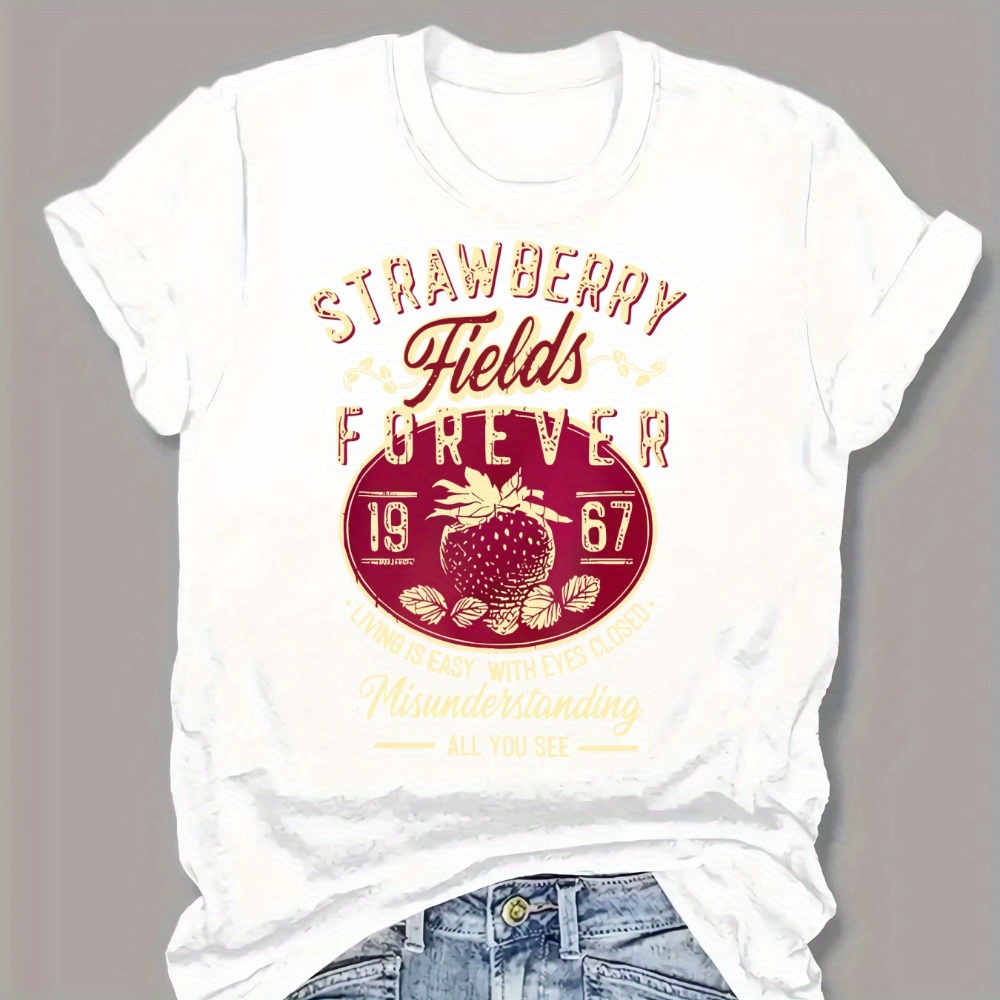 

Women's Casual Short Sleeve T-shirt, Fashionable Letter & Strawberry Print, Round Neck Tee, Summer Top