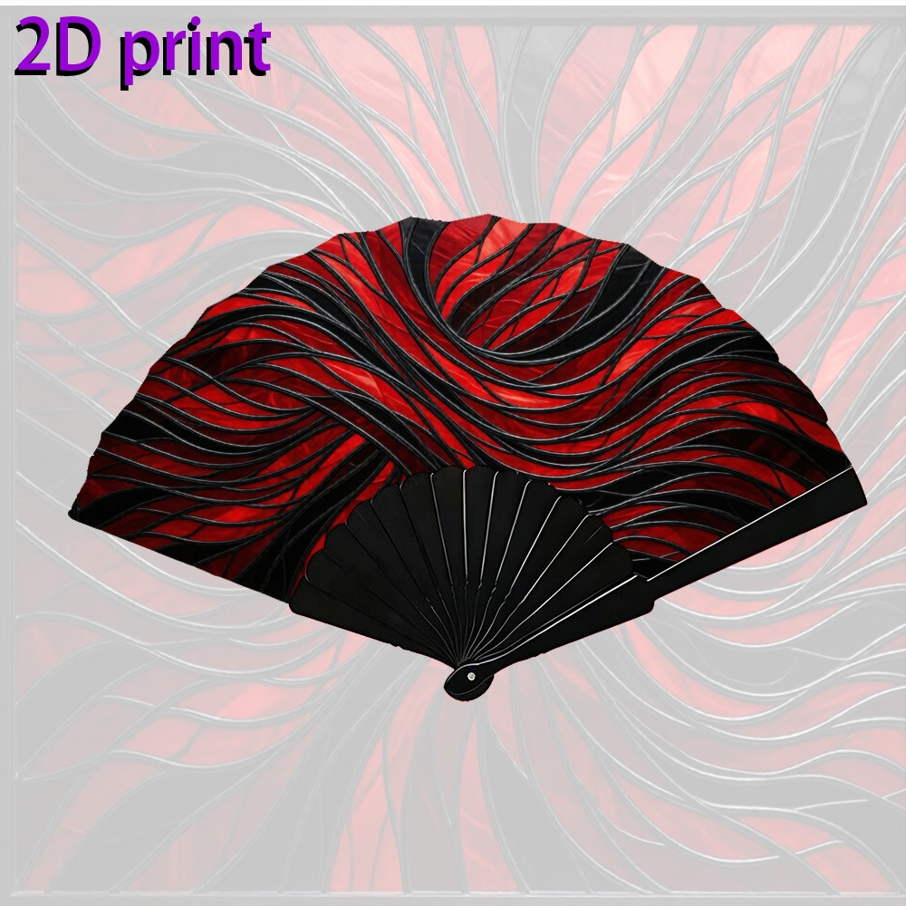 TEMU 2d Flat - A 2d Exquisitely Printed Folding Fan In Red And Black, Featuring Flowing And Stained Patterns, Handcrafted, Suitable For Wedding Party