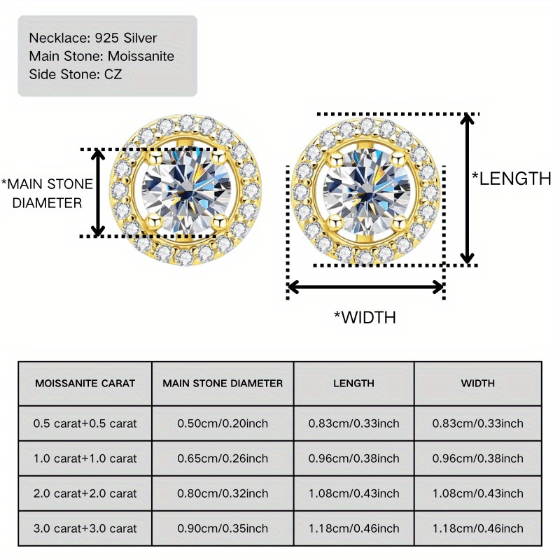 1pair 0.5/1/2/3 Carat 925 Silvery Round Moissanite Earrings