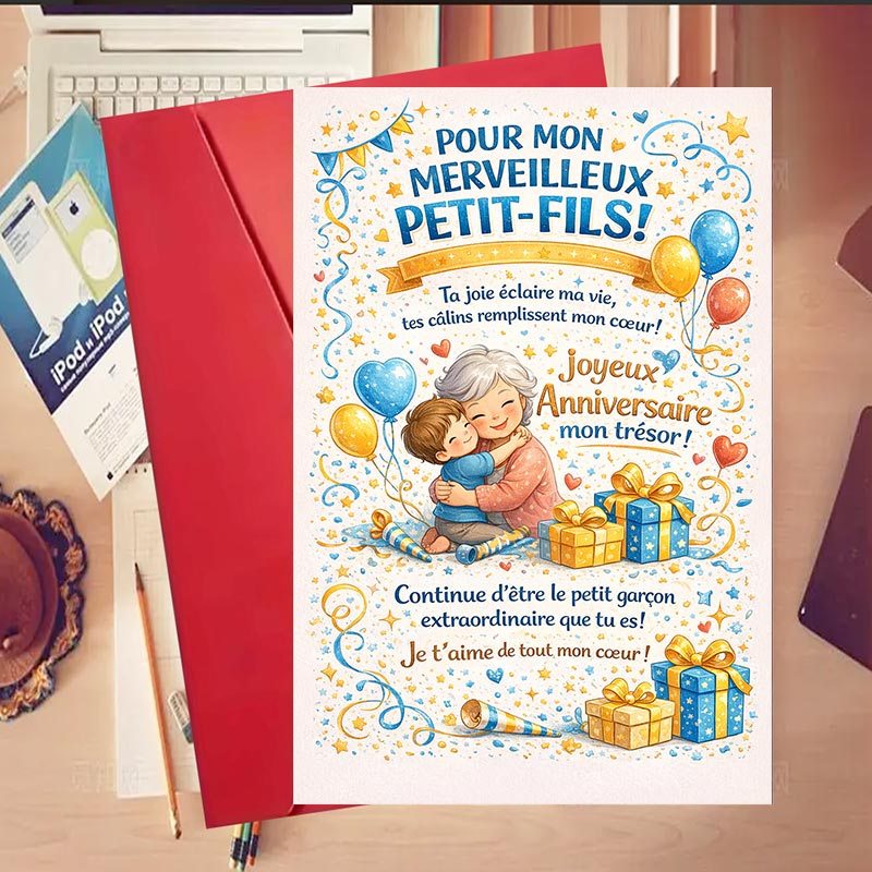 TEMU Carte de vœux et enveloppe 1 pièce de à petit-fils, convient pour les anniversaires, carte en anglais en papier pour les étapes de petit-fils,