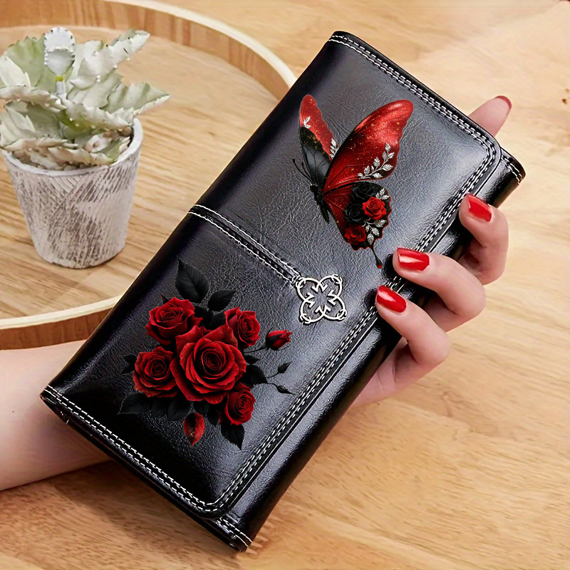 TEMU Portefeuille long pour femme en cire d'huile à volets, avec porte-monnaie et pochette à motif floral 2D de papillon et de rose, pince-billets ,
