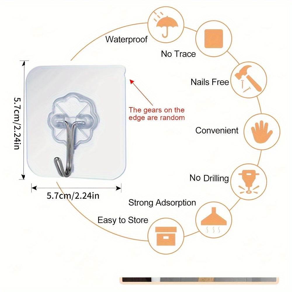 30pcs Transparent Adhesive Hooks - No-Damage, Nail-Free Wall Mount for Picture Frames & Tiles, Strong Hold Multi-Surface Compatibility