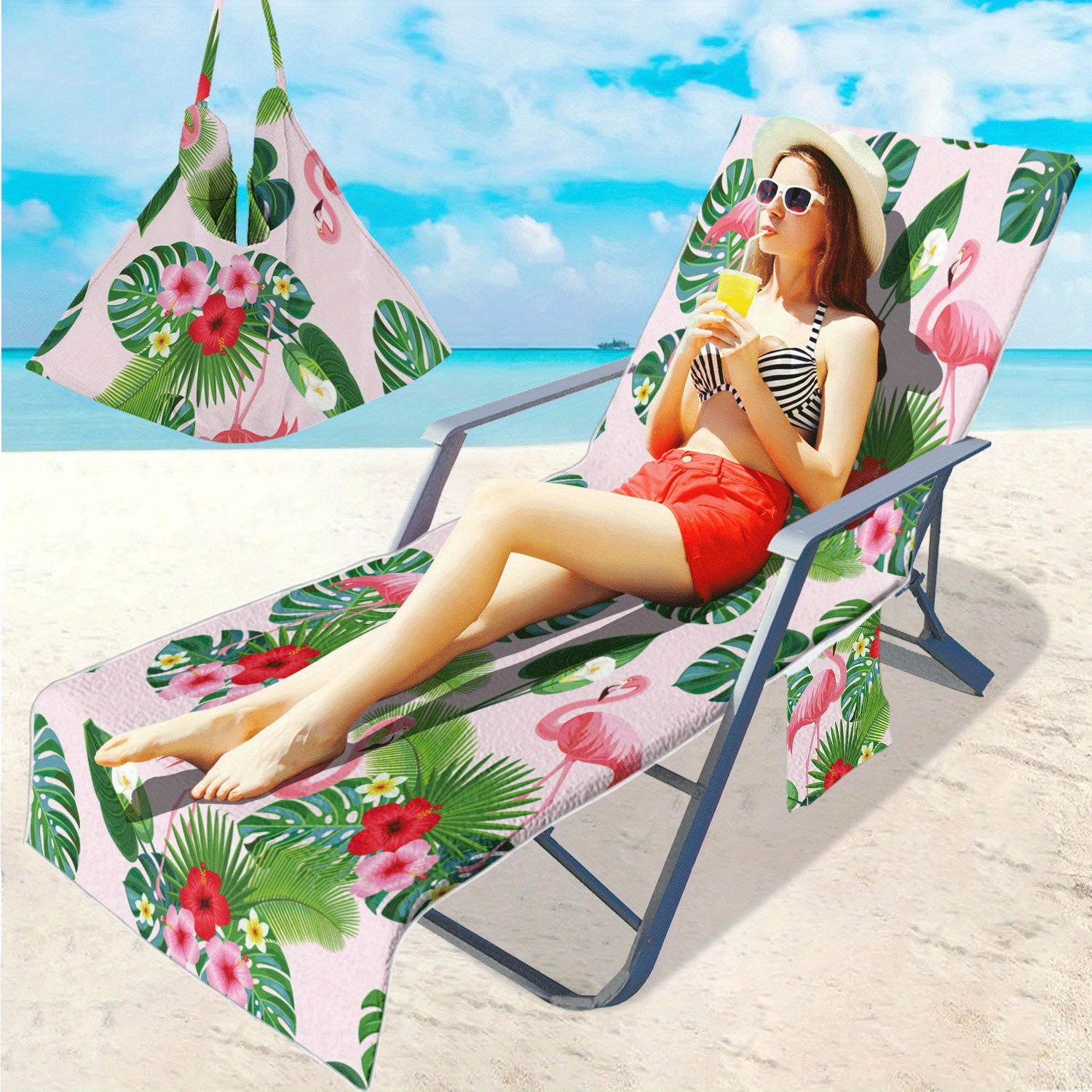 tropical quick dry beach chair cover pocket vibrant flamingo