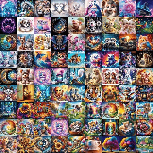 100pcs random 2d diy diamond painting set featuring round diamond embroidery on landscape and animal themes frameless art canvas including round diamonds diy decor vibrant flowers figures and