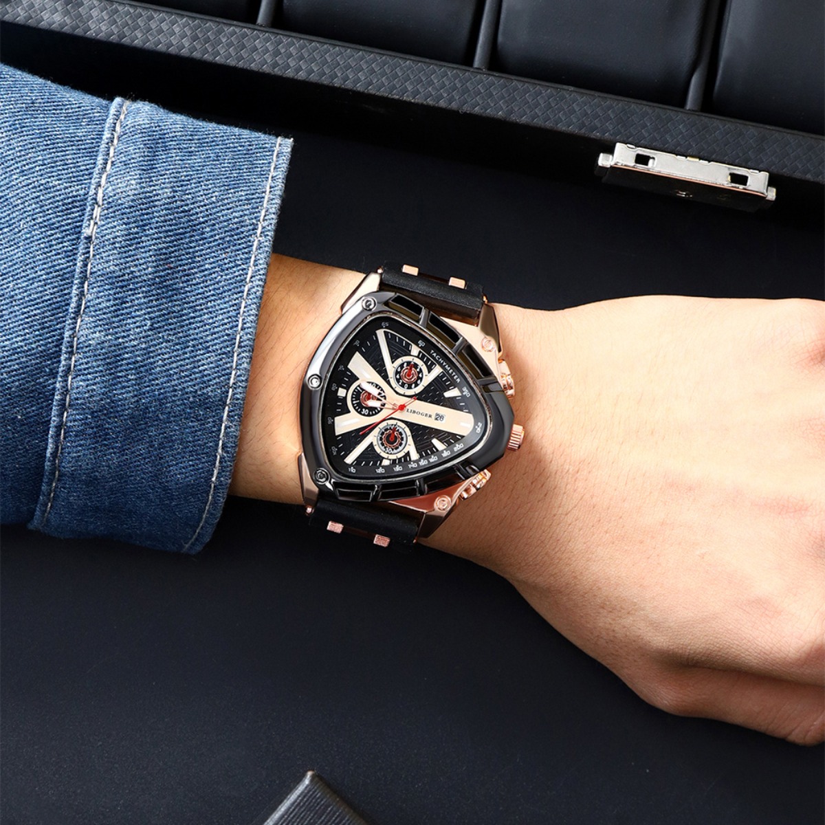 3pcs Set Men'S Quartz Watches with Silicone Strap & Date Display - Classic Triangular Dial, & Golden-Tone Case, Non-Rechargeable Battery, Casual & Sporty Wear