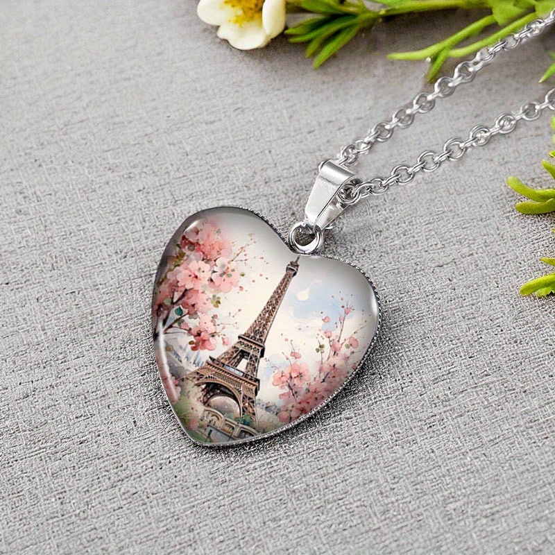 TEMU Collier avec pendentif en verre de cœur Eiffel de printemps, 1 pièce, bijou artisanal pour homme